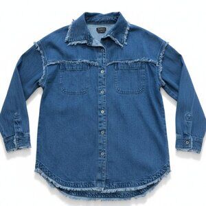 Bebe Western Denim Blue Shirt Button Up Top Fringe Ends Size M